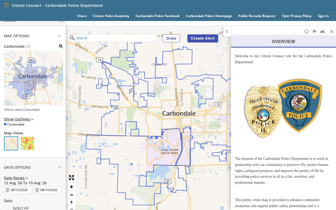 Carbondale Citizen Connect incident map for city arrest activity