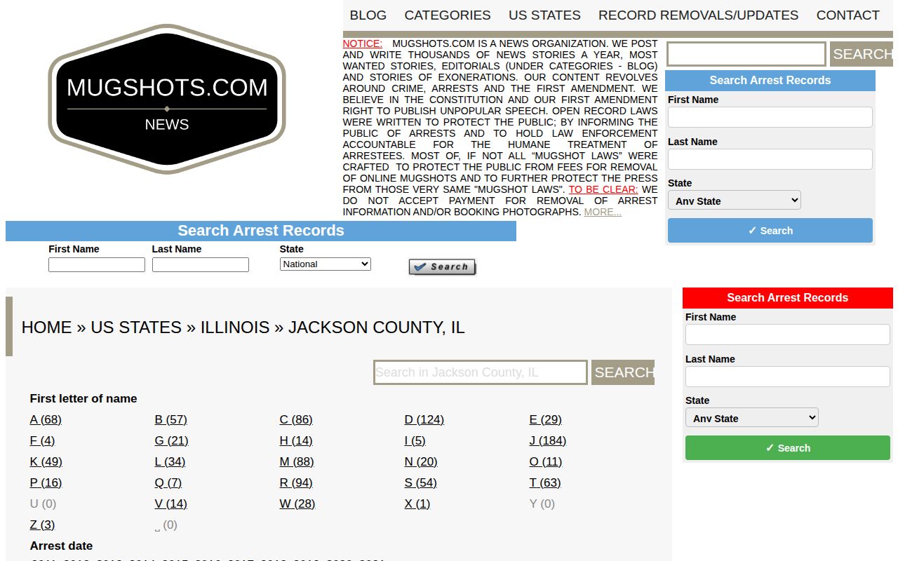 Unofficial Jackson County Mugshots.com local search page